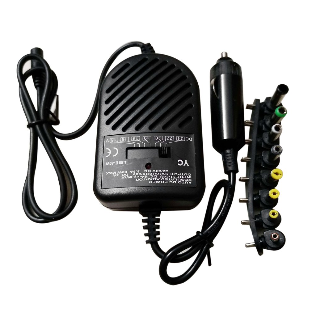 Laptop Charger - Universele 80W draagbare oplader, LED-autoadapter, instelbare