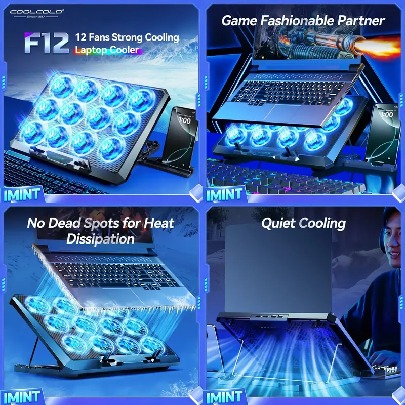Laptop Stand - COOLCOLD Laptopkoelpad met 12 stille ventilatoren,